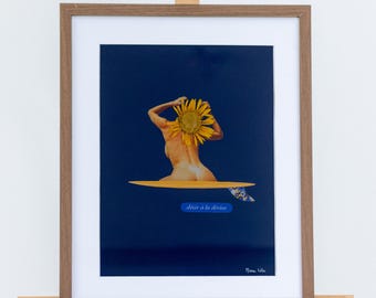 Collage poétique femme et tournesol – Tirage d’art A3 A4 A5 – Art floral féminin – Décoration murale