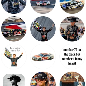 May include: A collection of images featuring a race car driver wearing a black racing suit with a chili pepper logo, a white and red race car numbered 77, a checkered flag, and text including 'Dente', 'he was just in my way', and 'number 77 on the track but number 1 in my heart'.