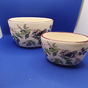 May include: Two cream-coloured ceramic bowls featuring a botanical pattern of black butterflies, dragonflies, green leaves, pink flowers, and dark purple blackberries. Each bowl has a thin, dark red rim around the top edge and a smooth finish.