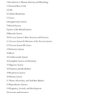 Puede incluir: Una página de índice en blanco y negro titulada TABLE OF CONTENTS, que enumera 24 capítulos desde Introduction to Human Anatomy and Physiology hasta Genetics and Genomics, impresa en una fuente sans-serif clara sobre un fondo blanco.