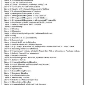 May include: A black and white document titled Table of content, listing 46 chapters related to paediatric health, including topics such as health status, genetics, developmental management, nutrition, sleep, and various medical disorders.