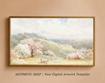 春の田園風景テレビアート、ヴィンテージ風景画、牧草地の羊のデジタルダウンロード、サムスンフレームテレビアート、水彩画風カントリーサイドデコレーション