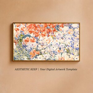 Cuadro decorativo para TV con diseño de campo de amapolas, pintura floral en acuarela, descarga digital de flores silvestres en terracota, cuadro decorativo para TV Samsung.