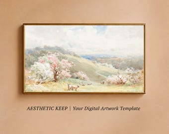 Spring Pastoral TV Art, Vintage Landscape Painting, Sheep in Meadow Digital Download, Samsung Frame TV Art, Watercolor Countryside Decor