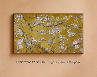 Marco dorado de Van Gogh para TV, fondo de pantalla de flores de almendro para TV, pintura al óleo amarilla vintage, descarga digital 4K, fondo floral estético