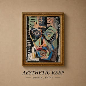 May include: A framed digital print featuring an abstract portrait with thick, visible brushstrokes in shades of green, blue, black, and tan. The artwork is enclosed in a decorative gold frame. Below the image, the text reads AESTHETIC KEEP DIGITAL PRINT.