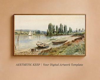 Arte de TV con barcos fluviales antiguos, pintura de paisaje en acuarela, descarga digital de velero, fondo de TV para marco Samsung, decoración campestre