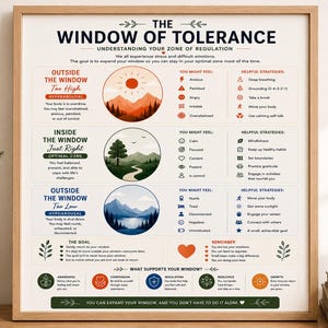 Op de afbeelding: Een ingelijste educatieve poster getiteld The Window of Tolerance, met drie cirkelvormige illustraties van emotionele toestanden: een zonnige berg, een bospad en een blauw meer, met tekst die verschillende regulatiestrategieën beschrijft.