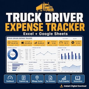 May include: A digital expense tracker for truck drivers, compatible with Excel and Google Sheets. The graphic displays financial data, including total expenses, income, and profit, with charts and summaries. Includes a dashboard, expense log, and tax summary.