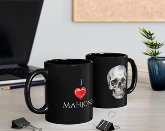 Mahjong Skull Coffee Mug Black Ceramic | I Heart Mahjong Gothic Mug | Mahjong Gift for Her | 11oz 15oz | Mahjong Mortis