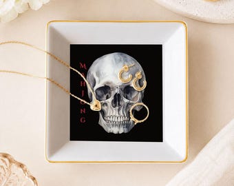 Mahjong Dice Tray Gothic Skull | Ceramic Porcelain Dish with Gold Rim | Mahjong Table Accessory | Mahjong Gift | Mahjong Mortis