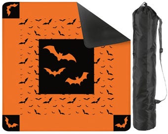 Halloween Bat Mahjong Play Mat | Large Orange Black Mahjong Table Mat | Seasonal Mahjong Gift | Mahjong Mortis
