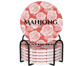 Mahjong Coaster Set of 6 Mortis Rose | Round Ceramic Mahjong Coasters with Stand | Mahjong Gift | Dark Floral Mahjong Accessories