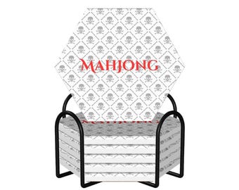 Mahjong Coaster Set of 6 Gothic Skull | Ceramic Mahjong Coasters with Stand | Mahjong Gift | Dark Mahjong Accessories | Mahjong Mortis