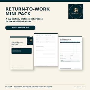 Può includere: Un mini pacchetto di rientro al lavoro in formato PDF compilabile da 8 pagine per piccole imprese. Il set include una copertina, un verbale di riunione di rientro al lavoro e un foglio per azioni e follow-up, con il logo HR Vanta e testo blu.