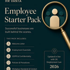 Pode incluir: Um folheto informativo em verde-azulado escuro intitulado Employee Starter Pack da HR Vanta. Apresenta um ícone de lupa dourada, uma lista de documentos incluídos como carta de boas-vindas e políticas de RGPD, e uma nota sobre a atualização conforme a lei laboral britânica 2026.