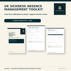 Könnte beinhalten: Ein 23-seitiges, ausfüllbares PDF- und Excel-Toolkit für das britische Krankheitsmanagement von HR Vanta. Das Set enthält ein Deckblatt, ein Formular zur Krankmeldung und eine Vorlage für einen stufenweisen Wiedereingliederungsplan in Dunkelblau und Creme.