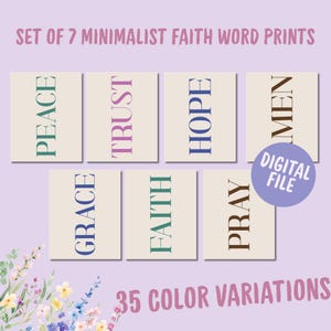 Set of 7 Minimalist Faith Word Prints, Christian Wall Art Digital Download, Inspirational Quotes for Faith, Peace, Hope, Grace, Trust, Pray