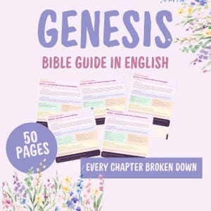 Puede incluir: Una guía bíblica del Génesis en inglés con cinco páginas impresas con texto y secciones de colores. Un círculo morado indica 50 PAGES y una franja morada dice EVERY CHAPTER BROKEN DOWN. El diseño incluye ilustraciones florales en las esquinas.