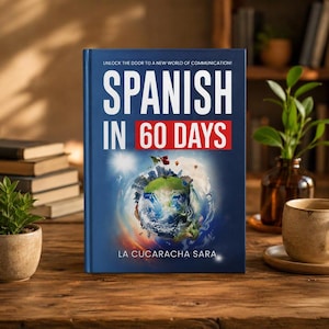 Peut inclure: Un livre bleu intitulé "Spanish in 60 Days" avec le nom de l'auteur "La Cucaracha Sara" sur la couverture. La couverture présente un globe avec un paysage urbain et le texte "Unlock the door to a new world of communication!"