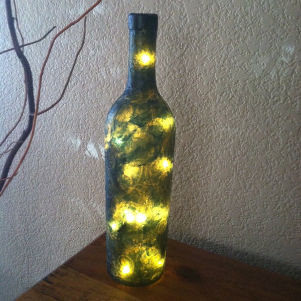 Wine Bottle Light, Blue Paper Decoupaged, Wine Bottle Lamp, Decorative Wine Bottle, Recycled Wine Bottle, Home Decor.