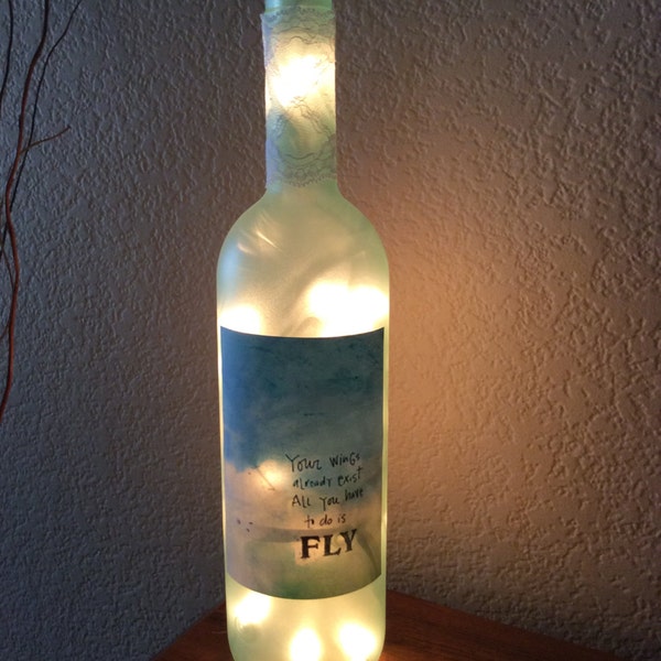 Wine Bottle Light, Sea Foam Green, Wings Quote, Fly Quote, Clouds, White Lace, Night Light, Wine Gift, Wedding, Birthday, Bottle Light