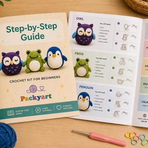 May include: A crochet kit for beginners with a step-by-step guide. The cover features a purple owl, green frog, and blue penguin. The open book shows instructions and a pink crochet hook with stitch markers.