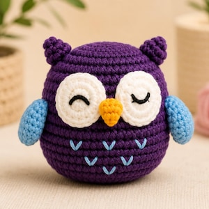 May include: A handmade crochet owl in shades of purple, white, blue, and yellow. The owl has large white eyes with black eyelashes, a yellow beak, and blue wings. The owl is a round shape and has small purple ears.