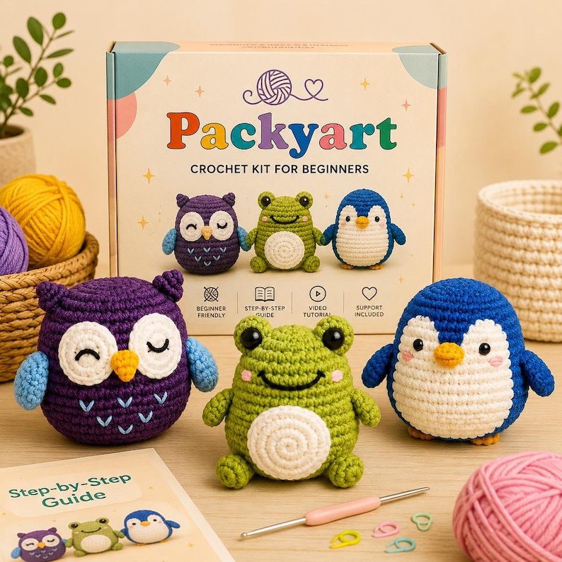 May include: A crochet kit for beginners, with a box labelled "Packyart Crochet Kit for Beginners." The kit contains patterns for crocheted owl, frog, and penguin toys. It also includes a "Step-by-Step Guide" and various crochet supplies.