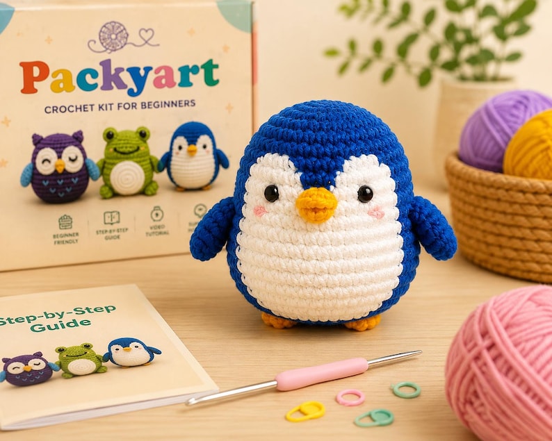 K&ouml;nnte beinhalten: Ein handgeh&auml;kelter Pinguin in Blau und Wei&szlig; mit gelbem Schnabel und F&uuml;&szlig;en. Das Bild zeigt auch ein H&auml;kelset f&uuml;r Anf&auml;nger mit dem Wort "Packyart" auf der Box und einer Schritt-f&uuml;r-Schritt-Anleitung. Weitere geh&auml;kelte Tiere sind ebenfalls zu sehen.
