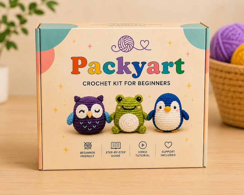 May include: A Packyart crochet kit for beginners, with an owl, frog, and penguin design. The box includes beginner-friendly instructions, a step-by-step guide, video tutorials, and support. The kit's design is colorful, with a teal and peach background.
