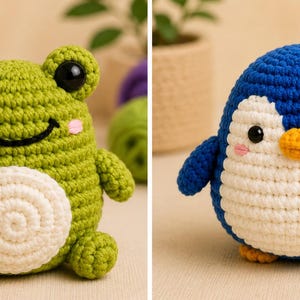 May include: Two handmade crochet toys: a green frog with a white belly and a blue penguin with a white belly. The frog has a smiling face and the penguin has a yellow beak and feet.