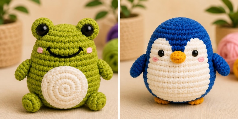 May include: Two handmade crochet toys: a green frog with a white belly and a blue penguin with a white belly. The frog has a smiling face and the penguin has a yellow beak and feet.