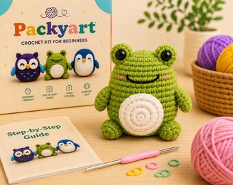 Frog Crochet Kit for Beginners, Easy Amigurumi DIY Kit, Learn Crochet Step by Step, Crochet Starter Set