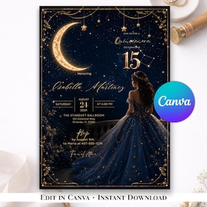 Celestial Quinceañera Invitation, Starry Night Moon, Navy Gold 15th Birthday (Digital Download)