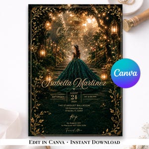 Peut inclure: Une carte d'invitation rectangulaire illustrant une forêt sombre avec une personne en robe de bal vert foncé sur des marches en pierre. Le texte indique Join us for a Quinceanera celebrating Isabella Martinez, Saturday August 24 202X at 6:00 PM.