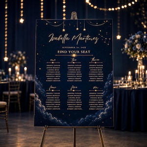 May include: A dark blue wedding seating chart sign on a metal easel featuring gold text that reads Isabella Martinez, September 26, 202X, and Find Your Seat. The design includes gold star constellations, hanging string lights, and guest names.