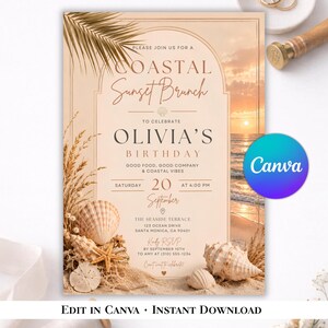 Könnte beinhalten: Eine rechteckige Einladungskarte mit einer Strandkulisse bei Sonnenuntergang, einem Palmblatt und Muscheln. Der Text lautet: PLEASE JOIN US FOR A COASTAL Sunset Brunch TO CELEBRATE OLIVIA'S BIRTHDAY, SATURDAY 20 September AT 4:00 PM, THE SEASIDE TERRACE.