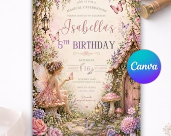 Peut inclure: Une carte d'invitation d'anniversaire illustrée d'une fée assise sur un champignon dans un jardin avec des fleurs, des papillons et une maison. Le texte indique : Join us for a magical celebration, Isabella's 5th birthday, Saturday August 16.