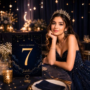 May include: A rectangular table number sign featuring a dark navy blue background with gold celestial stars, clouds, and the text "TABLE NUMBER 7" and "Isabella's Quinceanera" in gold lettering, held upright by a small circular gold metal stand.