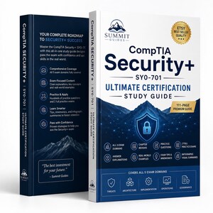May include: Two CompTIA Security+ SY0-701 study guides. The front cover features a mountain range graphic with a lock icon, the text "CompTIA Security+ SY0-701 Ultimate Certification Study Guide", and the Etsy Best-Seller Quality seal.