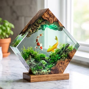 Peut inclure: Une sculpture en résine en forme de losange avec un cadre en bois naturel et un centre transparent contenant deux figurines de poissons koï, l'un blanc à taches rouges et l'autre jaune, entourés de plantes aquatiques vertes sur un socle en bois.