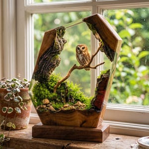 Può includere: Un oggetto decorativo esagonale con un piccolo gufo marrone appollaiato su un ramo all'interno di una cornice in resina trasparente con bordi in legno naturale, muschio verde e piccoli sassi. La base è un blocco di legno. Testo: @SoleroPalette.
