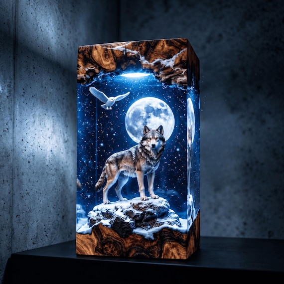 Wolf Resin Lamp with Snowy Owl and Full Moon Winter Diorama, Wildlife Christmas Gift