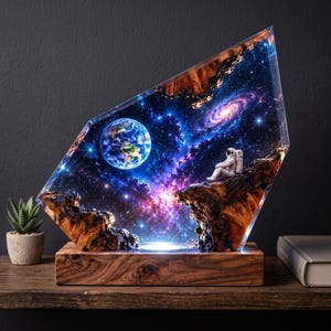 May include: A decorative lamp featuring a clear resin block embedded with a wooden base and edges. The interior displays a vibrant space scene with a glowing Earth, a distant galaxy, and a small astronaut figurine sitting on a rocky ledge.