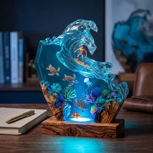 May include: A decorative resin sculpture featuring a surfer on a wave above a coral reef scene. The piece includes three sea turtles, a clownfish, and a jellyfish embedded in clear blue resin, set on a rectangular wooden base with internal lighting.