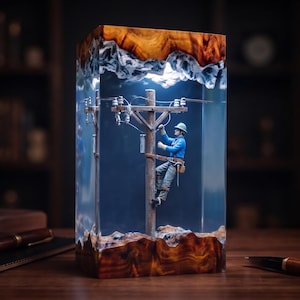 May include: A rectangular resin lamp featuring a miniature utility pole with a lineman figure wearing a green hard hat and blue shirt. The base and top are made of natural wood with a clear resin centre, illuminated from within to highlight the scene.