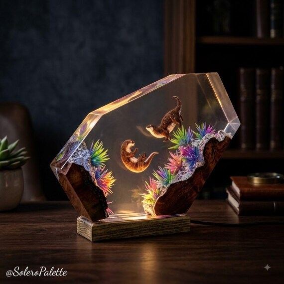 A handmade epoxy resin lamp with an otter frozen inside glowing light — part night light, part tiny wildlife diorama.