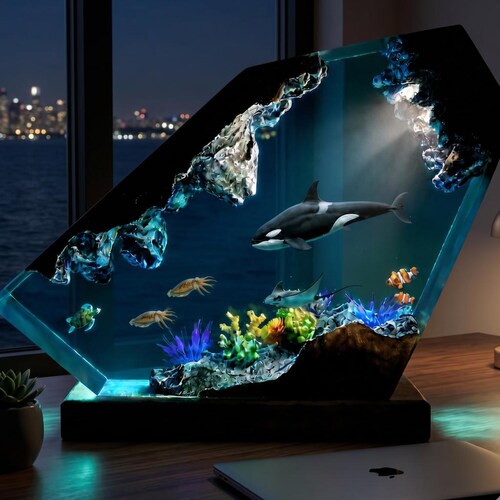 Orca Ocean Resin Lamp, Handmade Epoxy Night Light,Cuttlefish Whale Sea Turtle Desk Lamp Manta Ray Coral Reef Coastal Decor Housewarming Gift