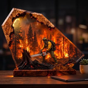 Puede incluir: Una lámpara decorativa con marco de resina y madera que muestra un diorama retroiluminado de un bombero con equipo amarillo usando una motosierra en un incendio forestal. La escena presenta llamas naranjas, siluetas de árboles y base de madera.